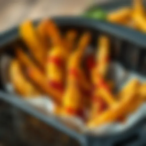 Close-up view of seasoned potato fries in an air fryer basket