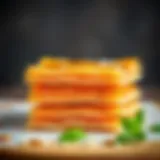 A close-up of flaky pastry sheets stacked for baklava