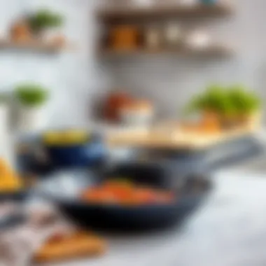 Ceramic frying pans displayed in a modern kitchen setting