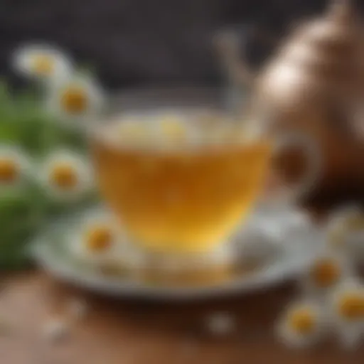 A serene cup of chamomile tea with fresh flowers around