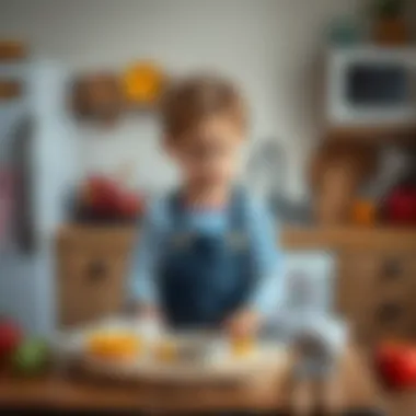 A child engaging with a wooden kitchen, stimulating creativity and imagination