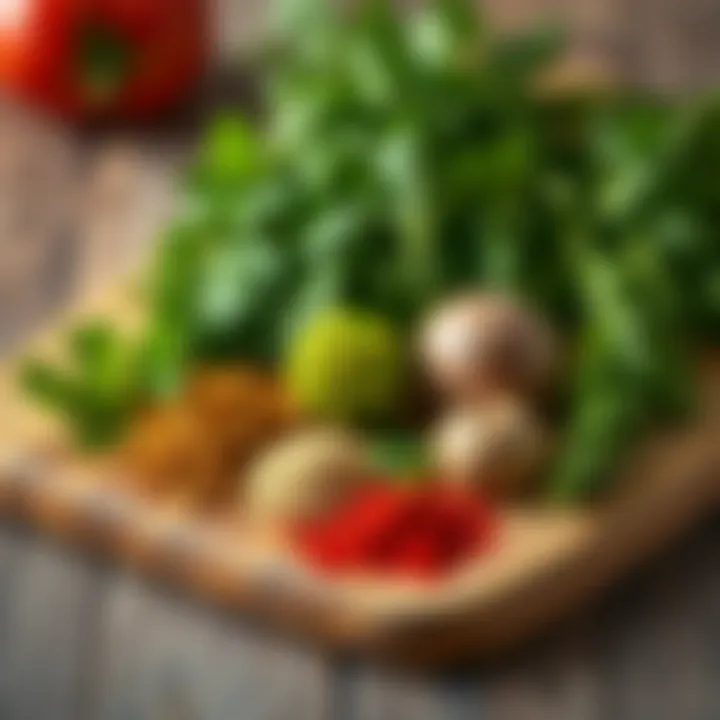 Wooden cutting board with fresh herbs and spices arranged aesthetically