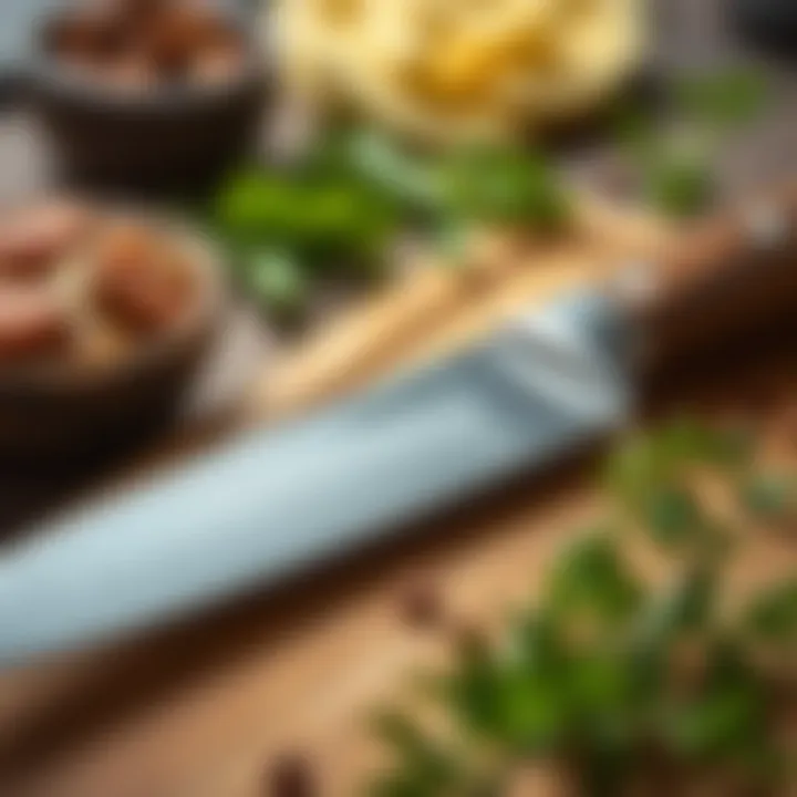 Close-up of knife resting on a wooden cutting board