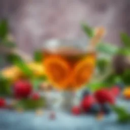 A refreshing herbal tea blend with vibrant green leaves and colorful fruits, showcasing the natural ingredients used.