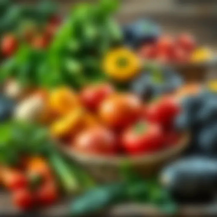Colorful array of fresh vegetables and fruits on a wooden table