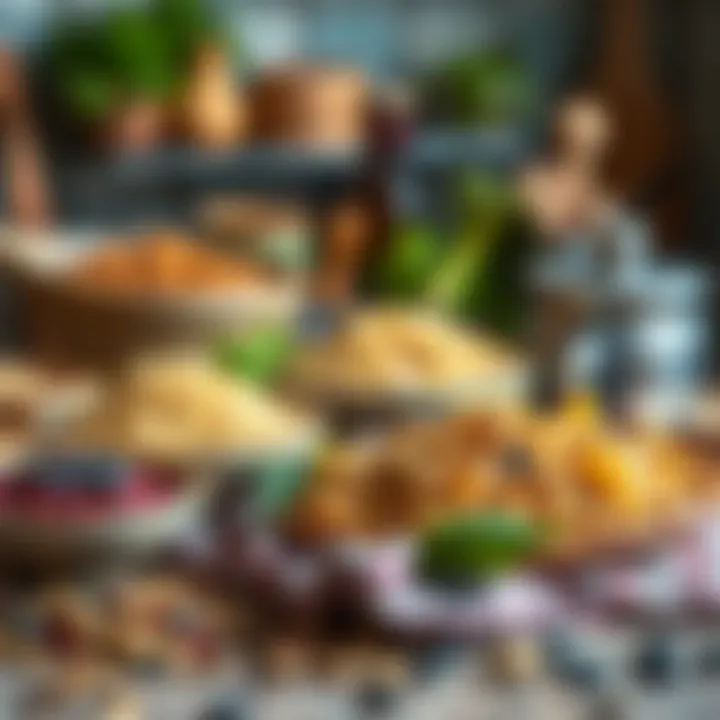 A rustic kitchen setting with a variety of grains and legumes