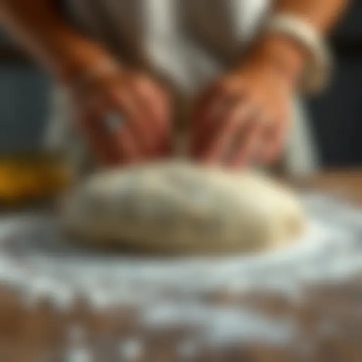 Baker's hands shaping dough on a floured surface