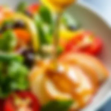 Close-up of apple cider vinegar drizzled over a fresh salad