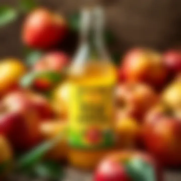 Vibrant apple cider vinegar in a glass bottle surrounded by fresh apples