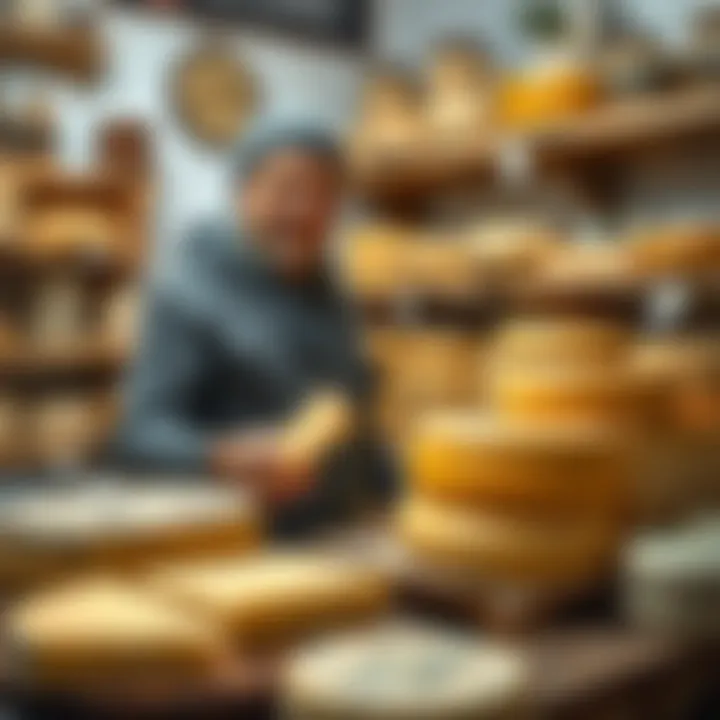 Artisan producer showcasing Ezine cheese in a quaint shop