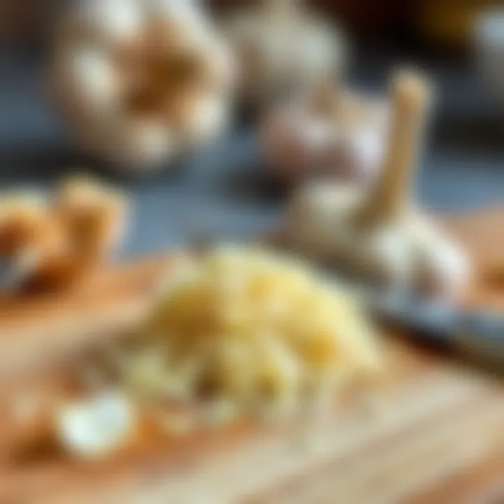 Finely grated garlic on a cutting board