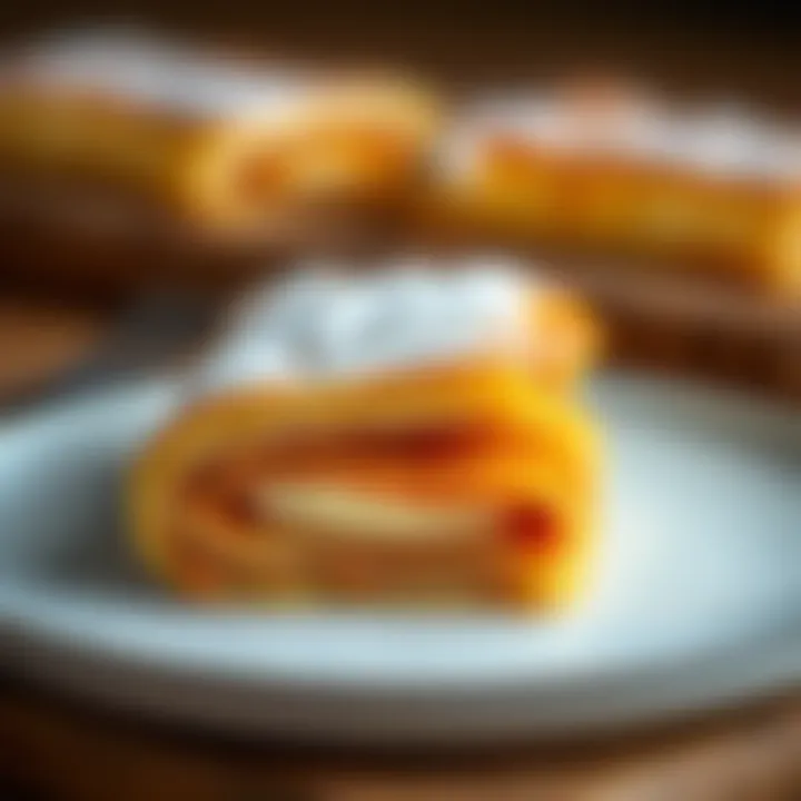 A close-up of golden, flaky layers of börek revealing a rich filling, emphasizing texture and taste.