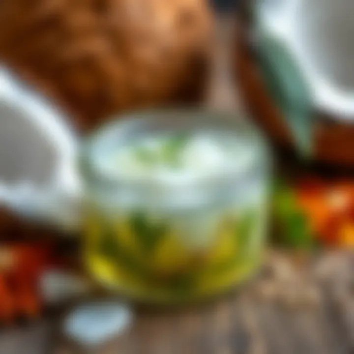A close-up of coconut oil infused with natural herbs