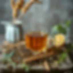 A serene herbal tea setup with various dried herbs