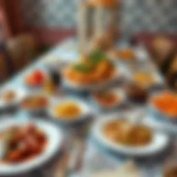 A beautifully arranged dining table with traditional dishes for Iftar.