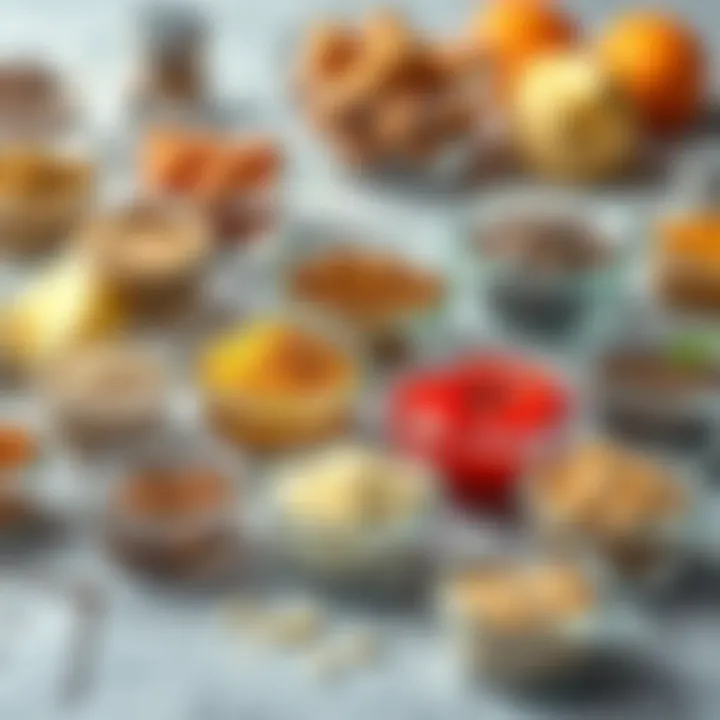 Diverse ingredients in measuring containers