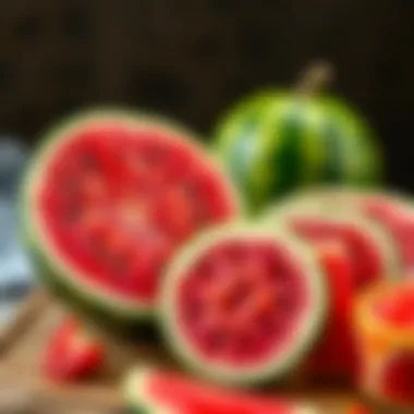 Juicy watermelons sliced open revealing their red flesh