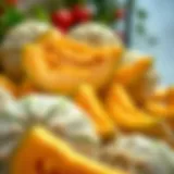 A vibrant display of ripe cantaloupes piled together