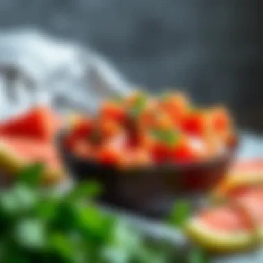 A bowl of melon salad garnished with herbs