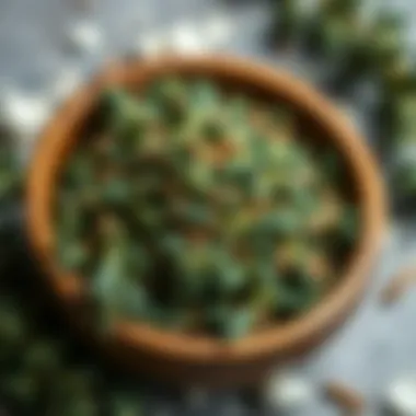 Dried thyme herbs in a wooden bowl showcasing its texture