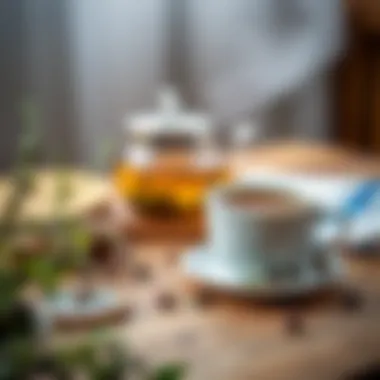 A serene setting with a teapot and a cup of thyme tea on a wooden table