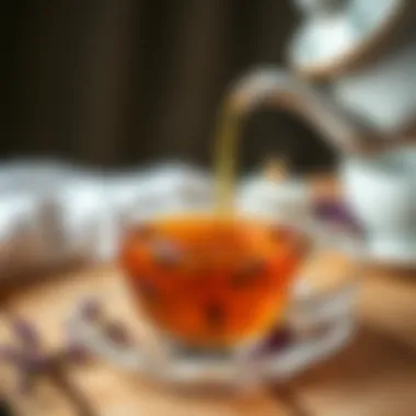 An elegant teapot pouring thyme tea into a delicate cup