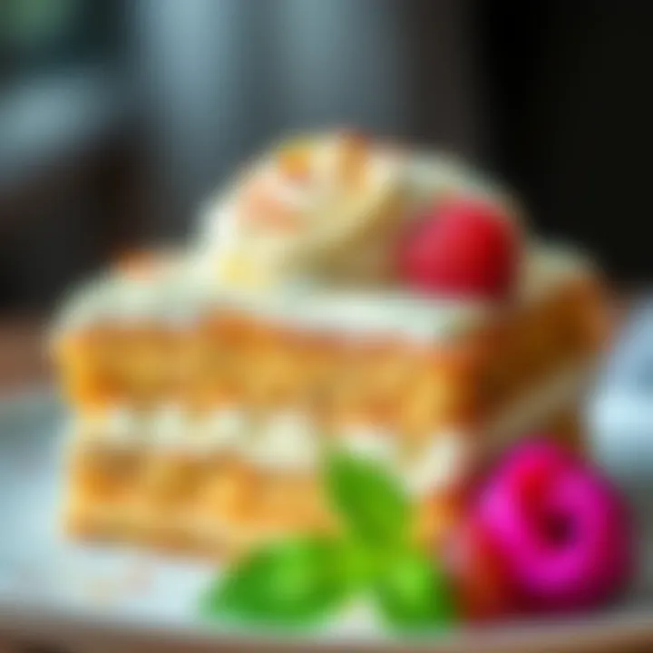 Close-up of a rich, creamy layer cake without sponge, garnished beautifully.