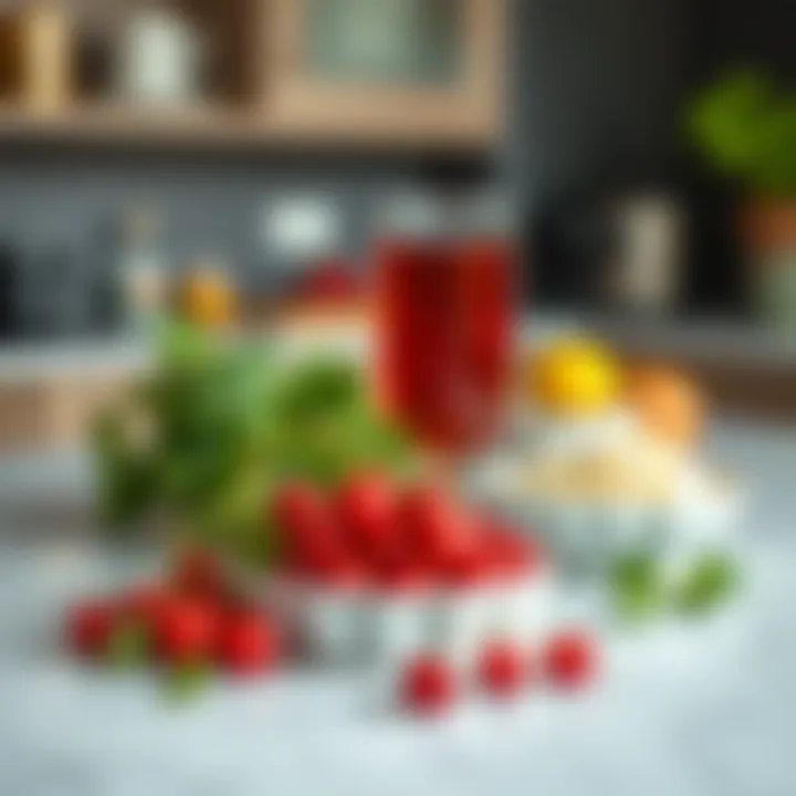 An artistic arrangement of cornelian cherry drink ingredients on a kitchen counter