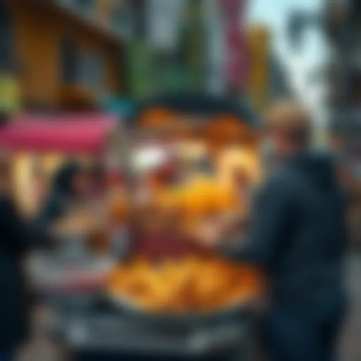 Kokoreç: A Street Food Tradition A vibrant street scene featuring a kokoreç vendor serving customers