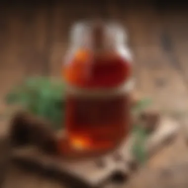 Natural pine cone syrup in a glass jar with rustic wooden background