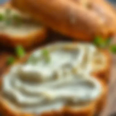 An elegant close-up of cream cheese aknaz spread on artisan bread, showcasing texture and flavor