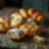 A variety of dry pastries displayed on a rustic wooden table