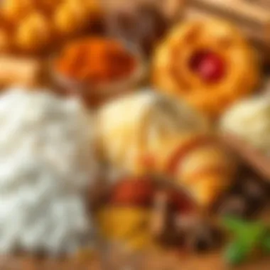 An assortment of ingredients for making dry pastries, including flour and spices