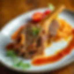 A beautifully plated lamb shank dish showcasing rich flavors and garnishes