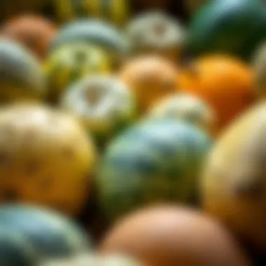 A close-up of various melon types showcasing textures and colors
