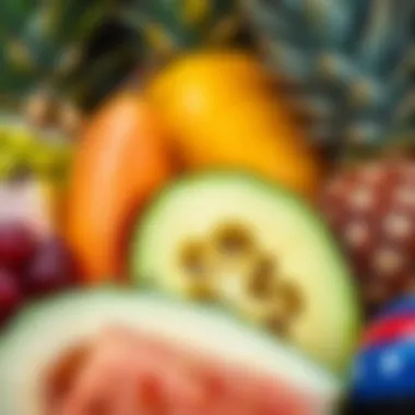 Close-up of assorted tropical fruits arranged artistically