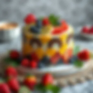 Elegantly Presented Mosaic Cake Elegant presentation of mosaic cake garnished with fresh fruits