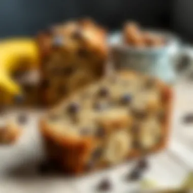 Delicious banana bread slice with walnuts and chocolate chips