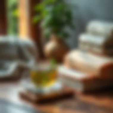 A calm setting with mint tea and a book for relaxation