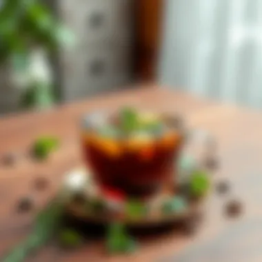 A cup of steaming mint tea with herbs beside it