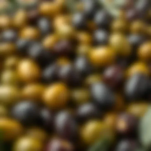 A vibrant selection of olives in various shades of green and black, showcasing their natural beauty.