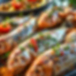 A vibrant display of traditional Turkish fish dishes garnished with herbs