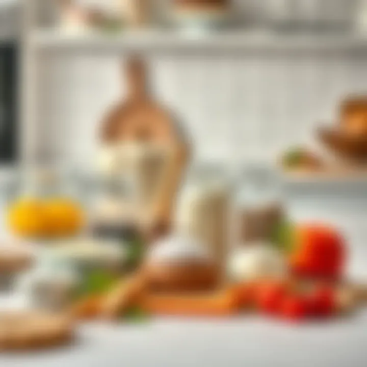 A collection of baking ingredients arranged artfully on a kitchen countertop.