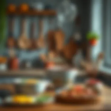 A beautifully styled kitchen scene with various utensils and a mixing bowl.