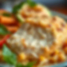 A close-up of finely grated chicken breast featured in a traditional sweet dish