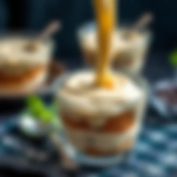 A close-up of pastry cream being poured into a dessert