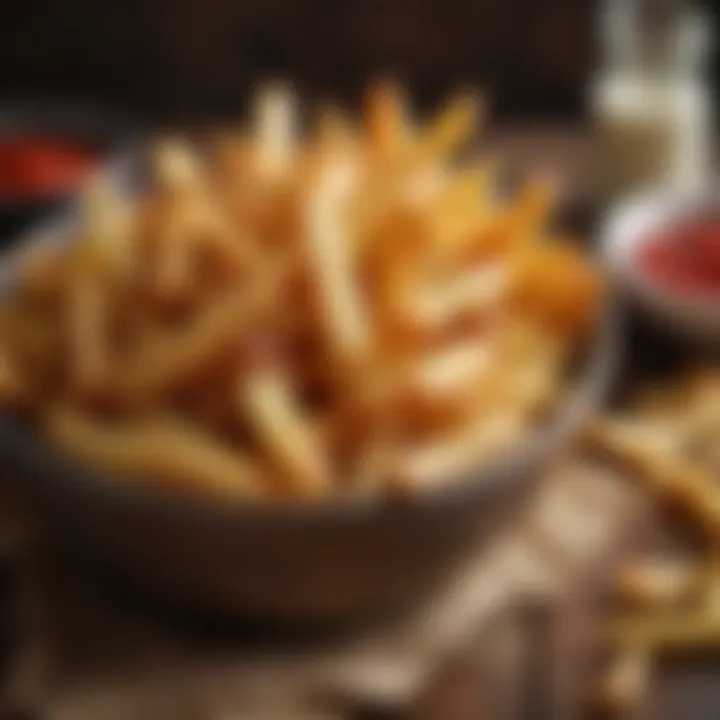 Golden brown crispy french fries served in a rustic bowl