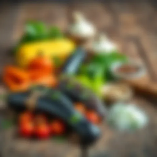 A vibrant spread of eggplant filling ingredients laid out on a rustic wooden table.