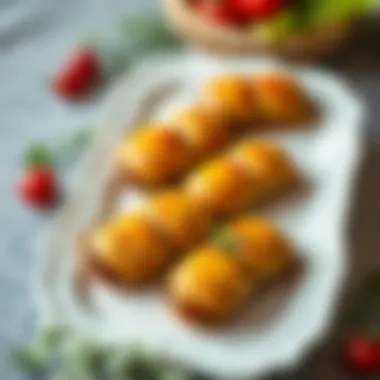 Completed Eggplant Pastries Elegant presentation of finished eggplant pastries on a delicate serving platter.