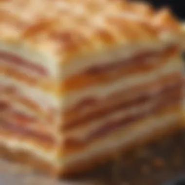 A detailed view of the flaky layers of Pırasalı Boşnak Böreği revealing its inner filling